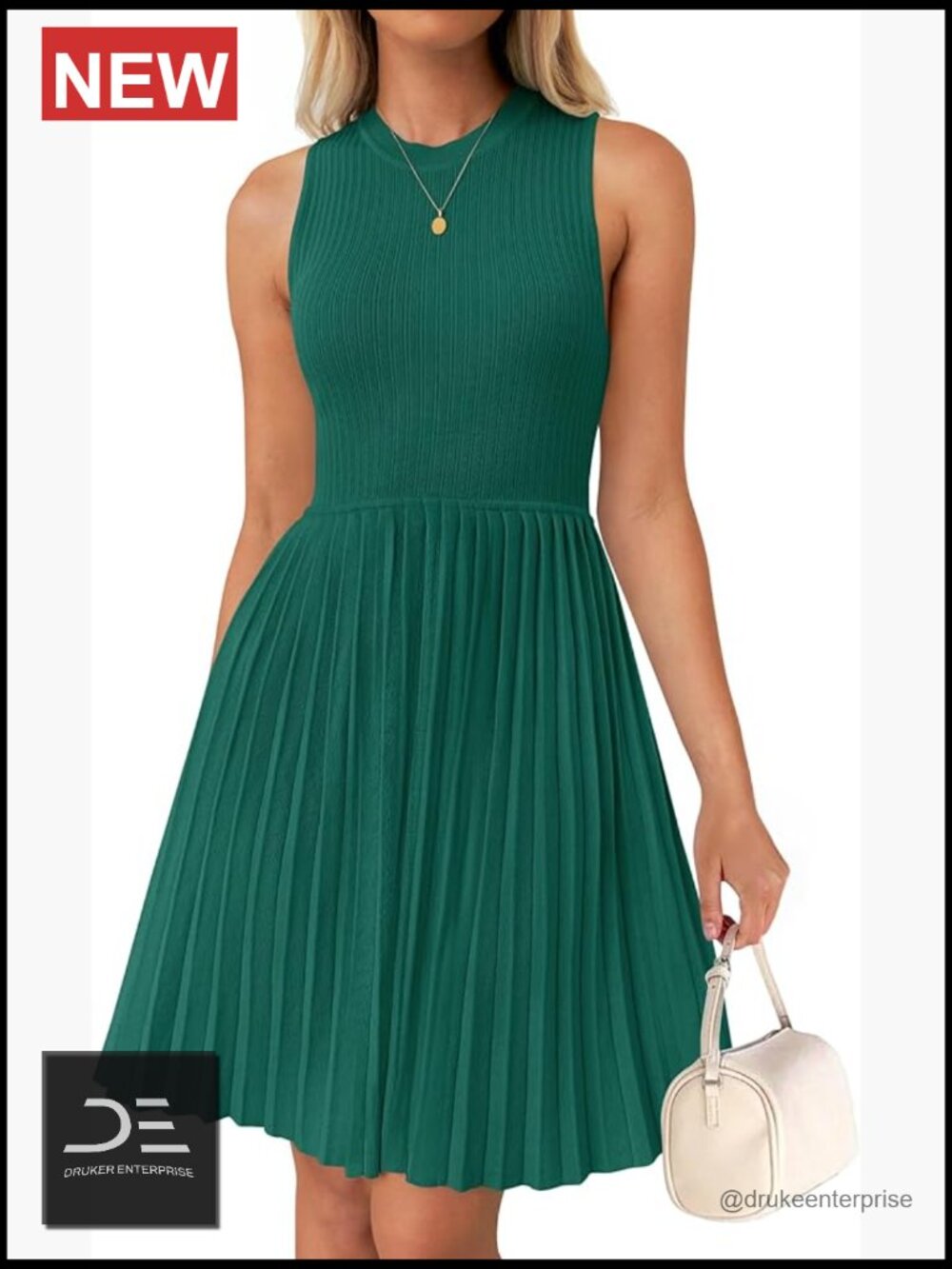 Sleeveless Mini Knit Pleated Swing Dress Crewneck A-Line Casual Work